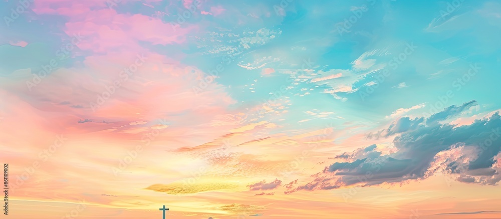 Poster christian cross on sunset sky. religion background. copy space image. place for adding text or desig