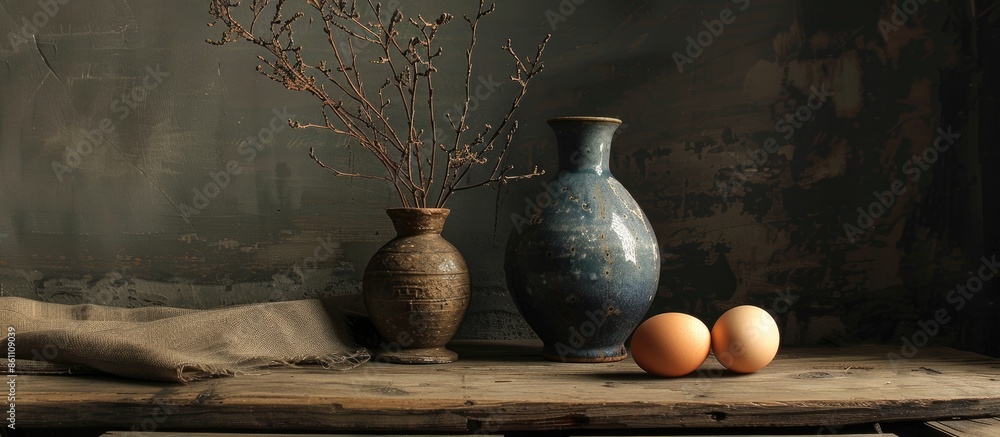 Poster still life with ceramics and an egg. copy space image. place for adding text and design