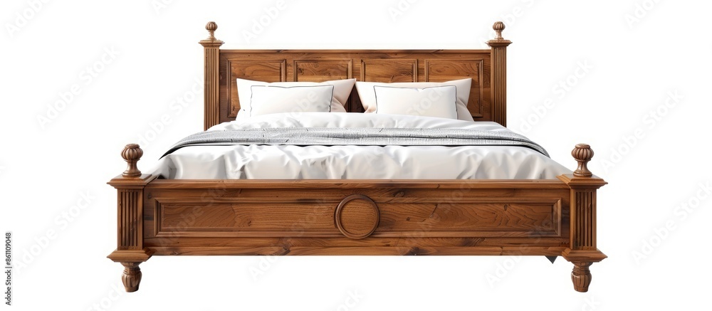 Poster wooden double bed isolated on white background. copy space image. place for adding text and design