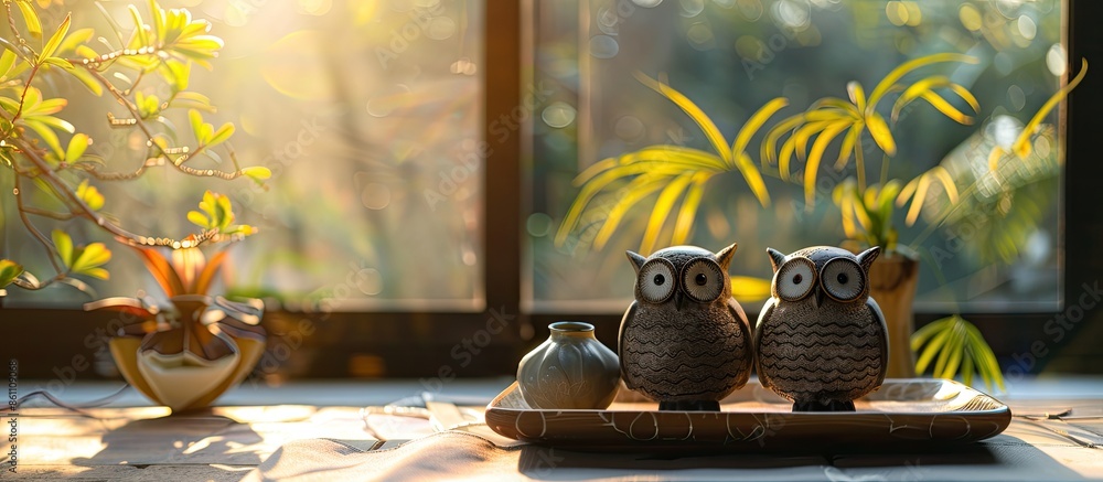 Poster owl ornaments sitting on a tray near a window in the sun. copy space image. place for adding text an