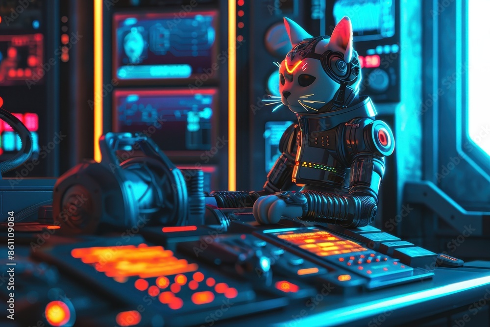 Poster a robot cat is sitting at a computer keyboard