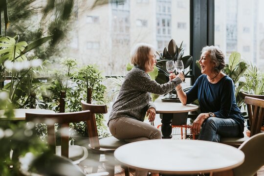 Senior lesbian couple celebrating with wine - Powered by Adobe
