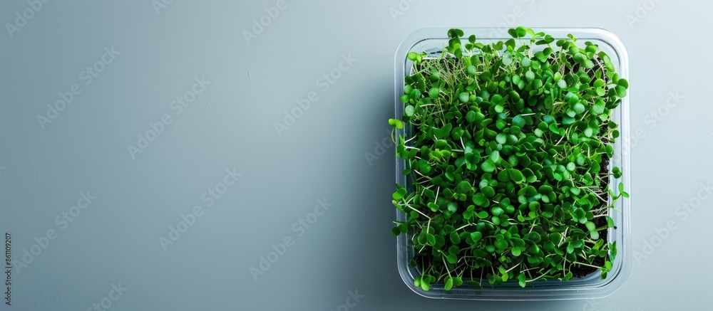 Poster fresh green microgreens in container. copy space image. place for adding text and design