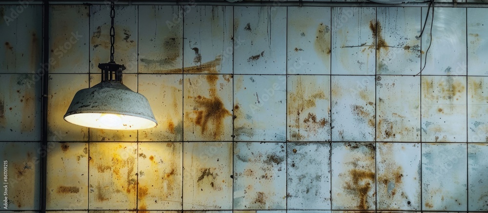 Poster ceiling lamp in dirty tile room. copy space image. place for adding text and design