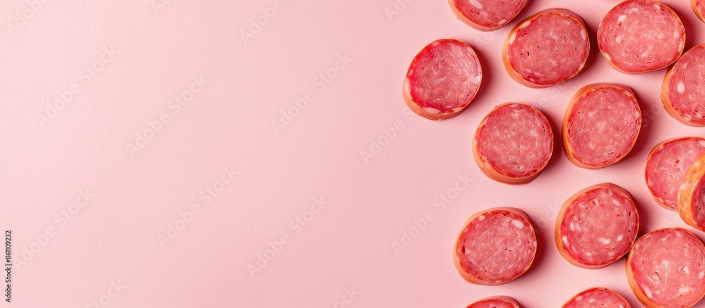 Poster boiled sausage slices isolated on pastel background. copy space image. place for adding text and des