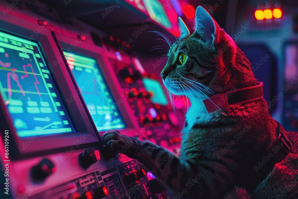 Poster a robot cat is sitting at a computer keyboard