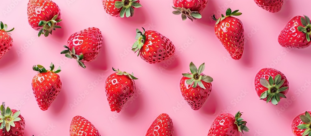 Poster creative layout made of strawberry on the pink background. flat lay. food concept. macro concept. co