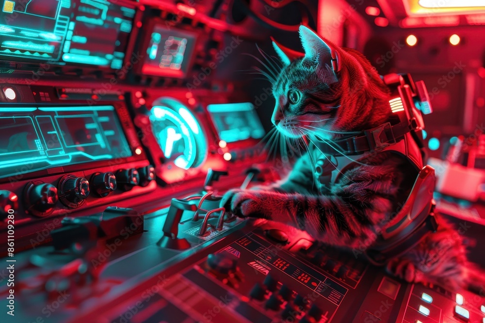 Poster a robot cat is sitting at a computer keyboard