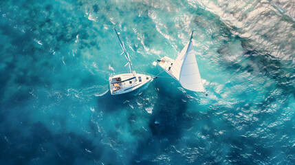 Fototapeta premium Wave and sail yacht on the sea as a background Sea and waves from top view Blue water background from top view Top view from drone Summertime vacation Travel image : Generative AI