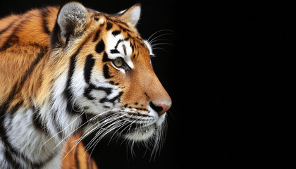 Fototapeta premium Tiger with a black background, copy space on a side