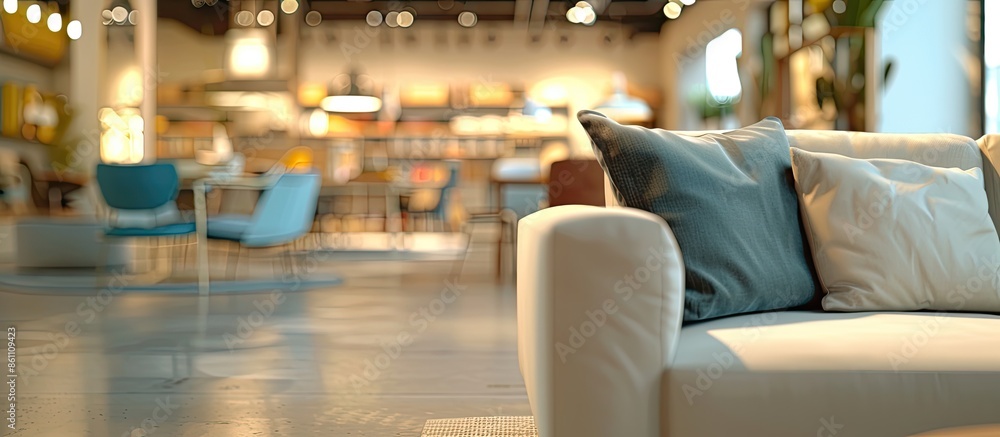 Poster abstract blurred furniture home decor store background. copy space image. place for adding text and 