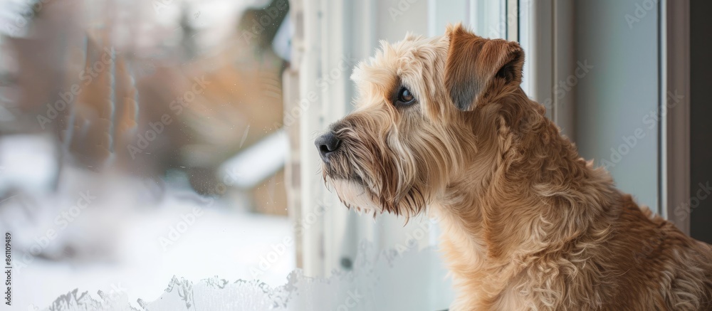 Poster a soft coat wheaten terrier by a window. copy space image. place for adding text and design
