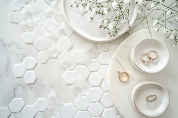 Composition of golden earrings in seashells on marble table with mirror and wheat stalks. Top view picture of jewelry on mosaic tile background.