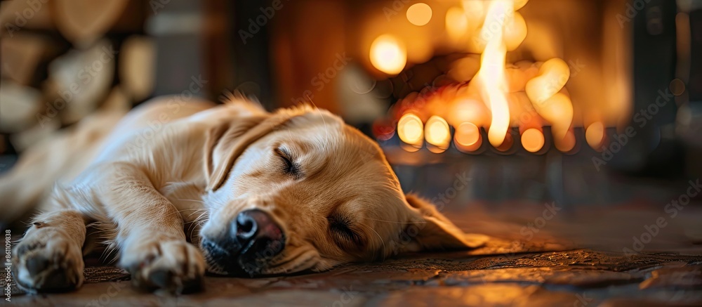 Poster dog sleeping by the fire. copy space image. place for adding text and design