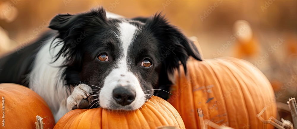 Poster cute border collie dog resting his head on a pumpkin. copy space image. place for adding text and de