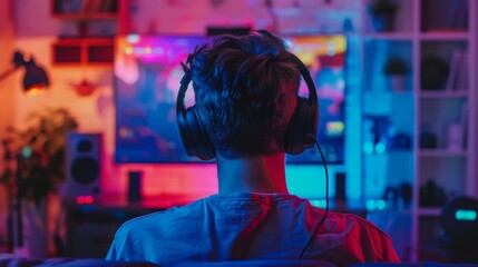 Fototapeta premium A close-up image of a gamer wearing a high-quality gaming headset, focused and immersed in gameplay