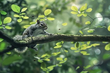 A squirrel is sitting on a tree branch