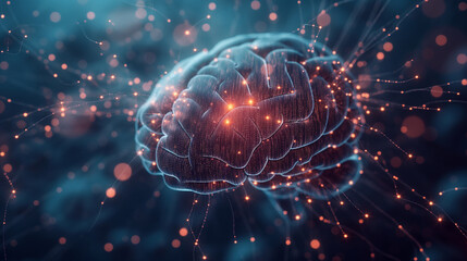 Fototapeta premium Brain made of interconnected codes and pathways, glowing synapses, upper third copy space