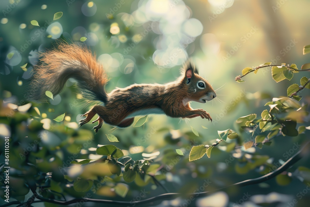 Poster a squirrel is jumping from a tree branch with leaves on the ground