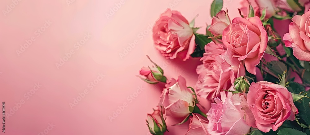 Poster roses on pink background. international women's day concept with copy space. copy space image. place