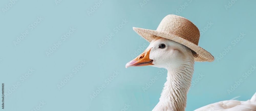 Poster goose in a hat isolated on a pastel background. isolated. copy space image. place for adding text an