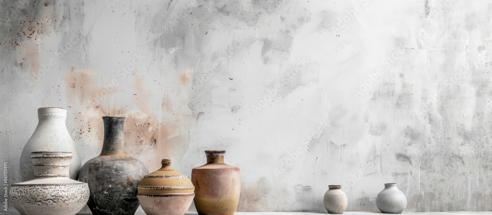 Aufkleber several artistic vases in white wall blackground. copy space image. place for adding text and design