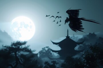 Fototapeta premium A silhouette of a bird flying over a moonlit sky