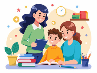 A woman is assisting a child with homework while a boy is reading a book