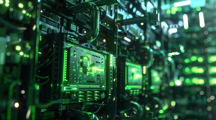 photo illustration of  server rack in a data center , security, networking, minning many connected Nvidia GPUs, server room, security, minning crypto