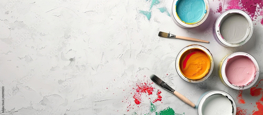 Poster flat lay composition with paint cans and brushes on light background. space for text. copy space ima