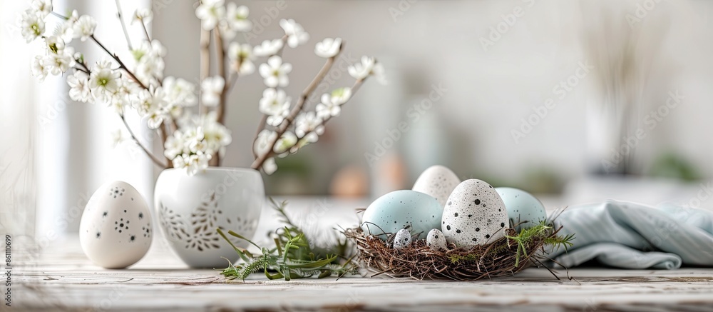 Poster easter eggs and decoration on table at home. copy space image. place for adding text and design