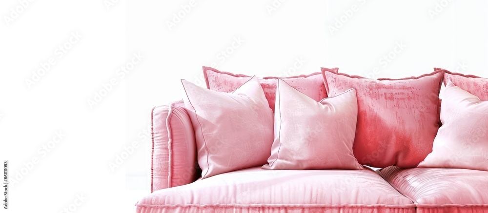 Poster fragment of a pink sofa with pillows, close-up, on a white background in isolation. copy space image