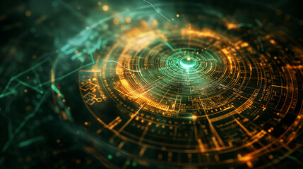 Obraz premium Close-up of ancient symbols merging with digital codes, ethereal glow, left third copy space