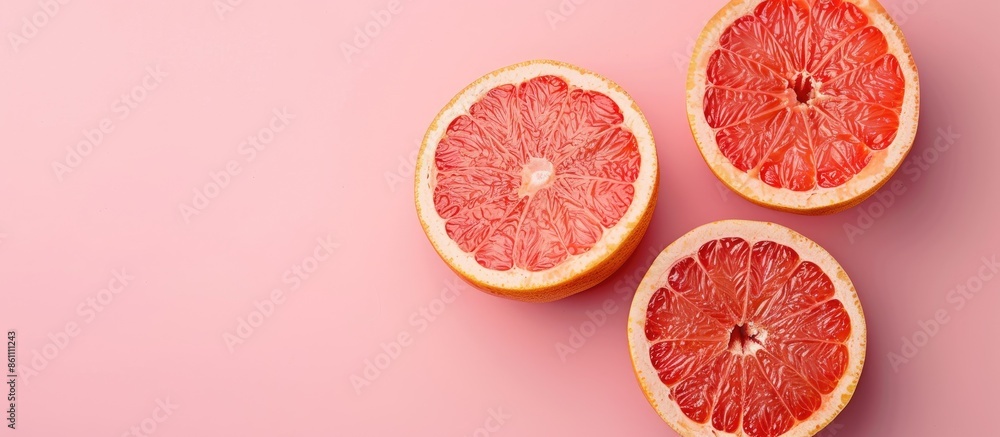 Poster grapefruit sliced on pastel pink background. minimal fruit concept. copy space image. place for addi