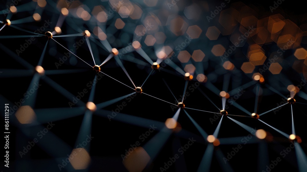 Poster abstract network of glowing nodes and connections with bokeh effect on dark background. global commu