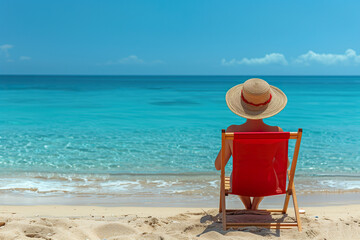 Portrait of a woman wearing a hat sitting on a chair in front of the sea sunbathing.