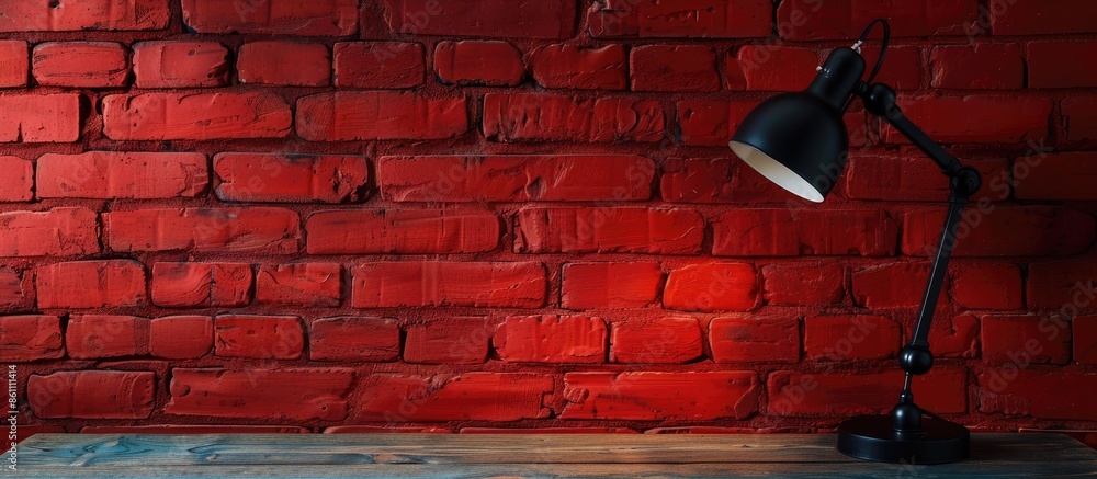 Poster black modern desk lamp on red bricks wall background. copy space image. place for adding text and de