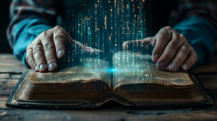 Hands opening an ancient book with digital codes emanating from the pages, left third copy space
