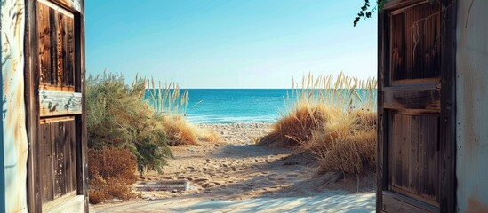 Open door with access to the beach from desert. Travel concept. Copy space image. Place for adding text and design