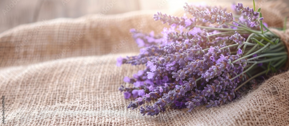 Aufkleber a bunch of lavender in burlap pastel background flower. copy space image. place for adding text and 