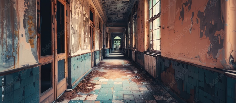 Poster corridor in an abandoned building. copy space image. place for adding text and design
