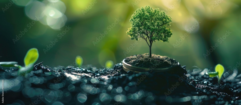Aufkleber showing financial developments and business growth with a growing tree on a coin. copy space image. 