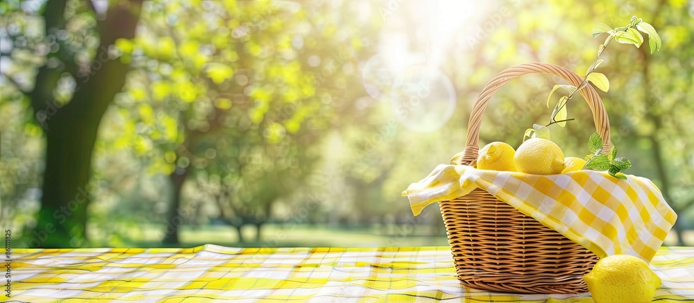 Poster picnic basket on a yellow white checkered picnic mat in park. copy space image. place for adding tex