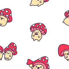 Cute kawaii funny mushroom. Seamless pattern. Cartoon character in different poses. Hand drawn style. Vector drawing. Design ornaments.