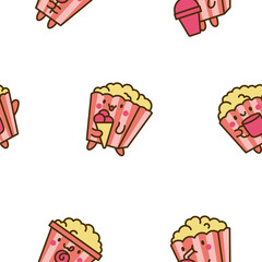 Cute kawaii popcorn character. Seamless pattern. Cartoon funny striped bucket of crunchy food. Hand drawn style. Vector drawing. Design ornaments.