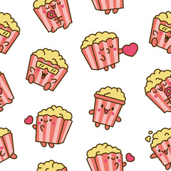 Cute kawaii popcorn character. Seamless pattern. Cartoon funny striped bucket of crunchy food. Hand drawn style. Vector drawing. Design ornaments.