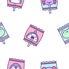Cute lollypop with animal face. Seamless pattern. Cartoon sweet candies. Hand drawn style. Vector drawing. Design ornaments.