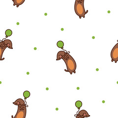 Happy kawaii dachshund. Seamless pattern. Cute cartoon dog characters. Hand drawn style. Vector drawing. Design ornaments.