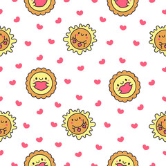 Cute kawaii sun with face. Seamless pattern. Cartoon smiling characters. Hand drawn style. Vector drawing. Design ornaments.