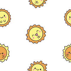 Cute kawaii sun with face. Seamless pattern. Cartoon smiling characters. Hand drawn style. Vector drawing. Design ornaments.